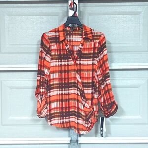 XOXO Blouse Top Women Size M Multi Plaid 100% Polyester Long Sleeve Collared
